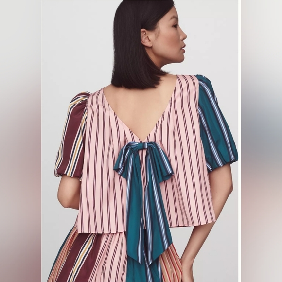 Maeve Taffeta Multicolor Striped Bow Swing  Blouse Size XS - Picture 1 of 8